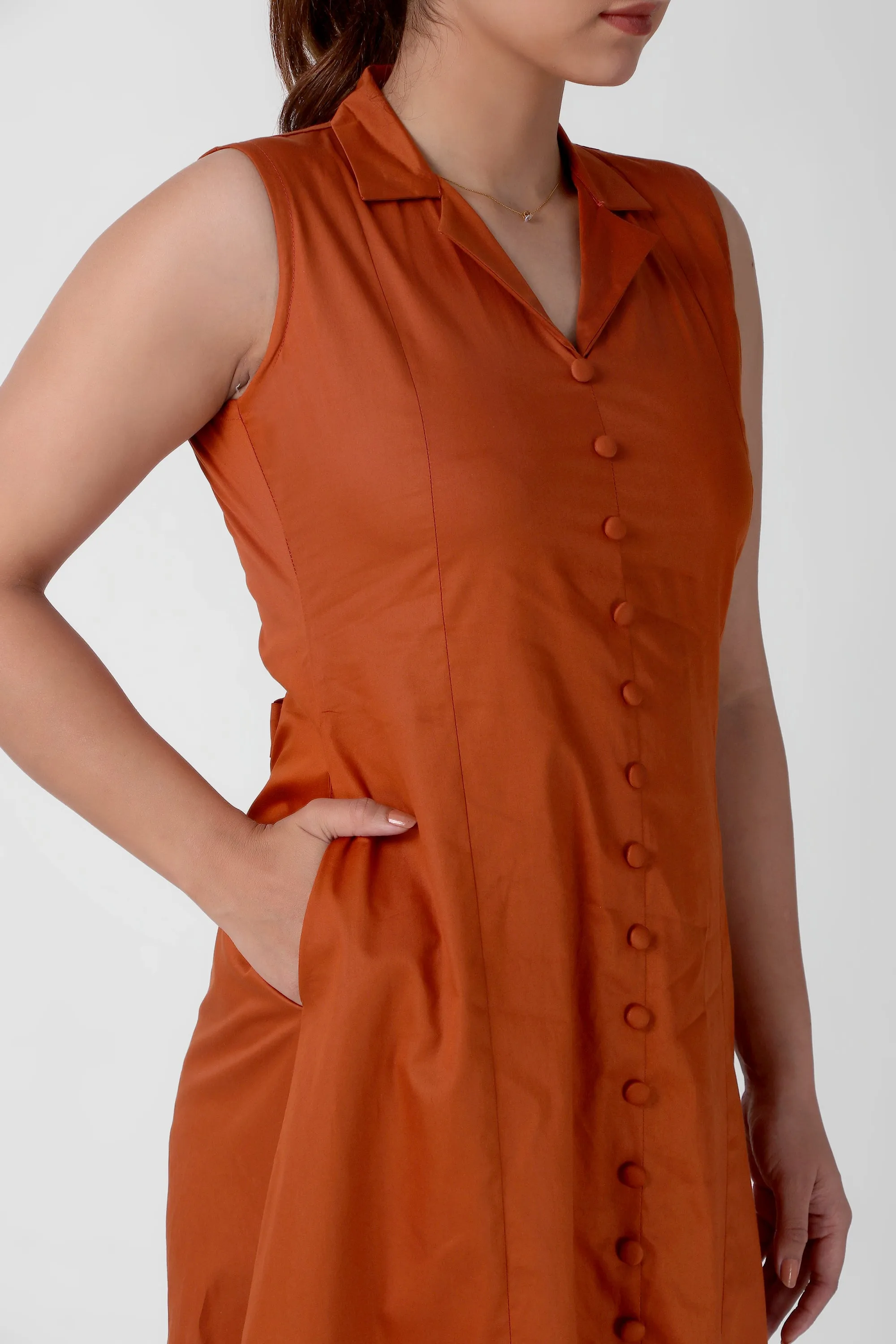 Lapel Grace Calf-Length Dress, Rust
