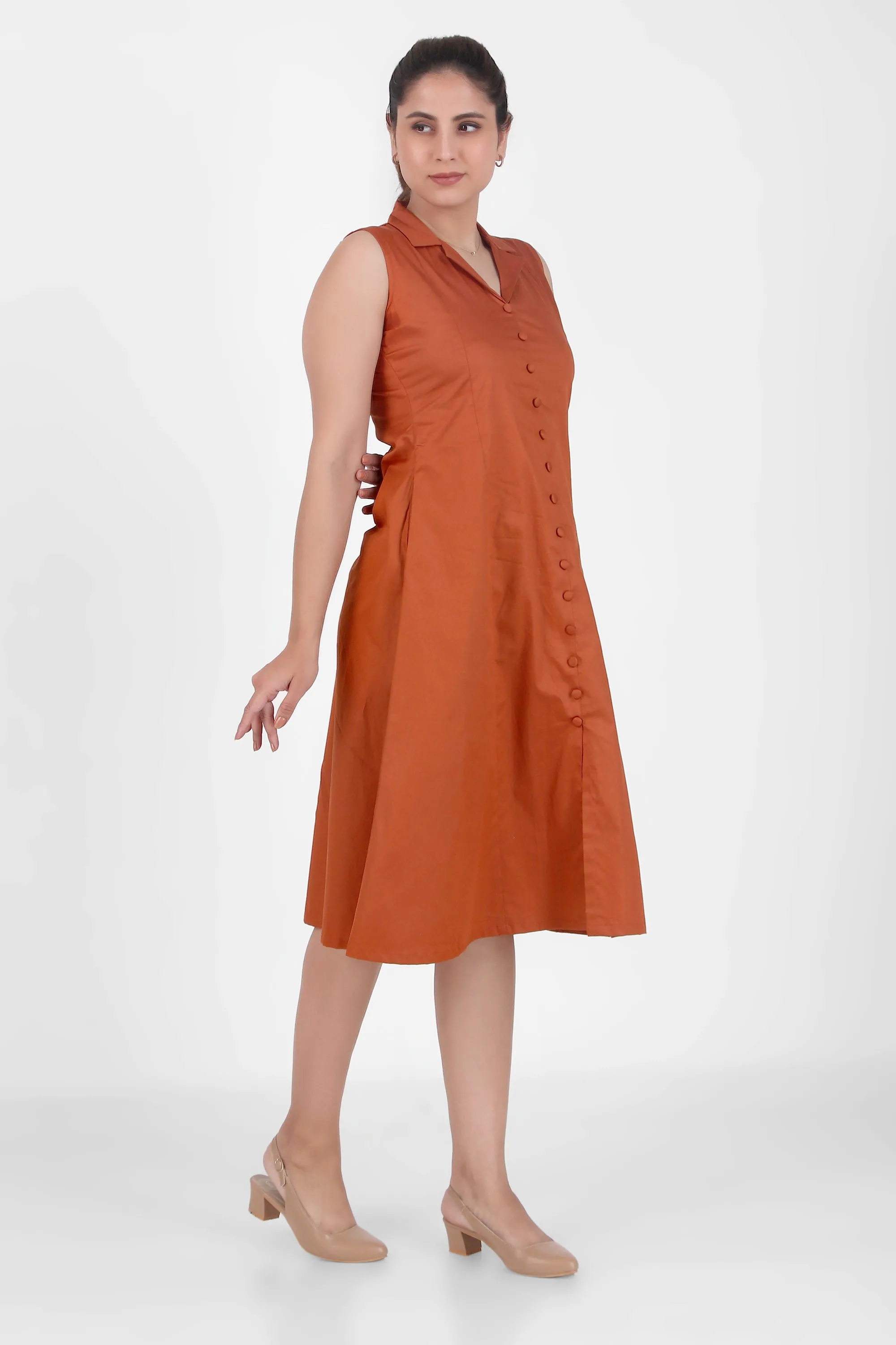 Lapel Grace Calf-Length Dress, Rust