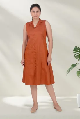 Lapel Grace Calf-Length Dress, Rust