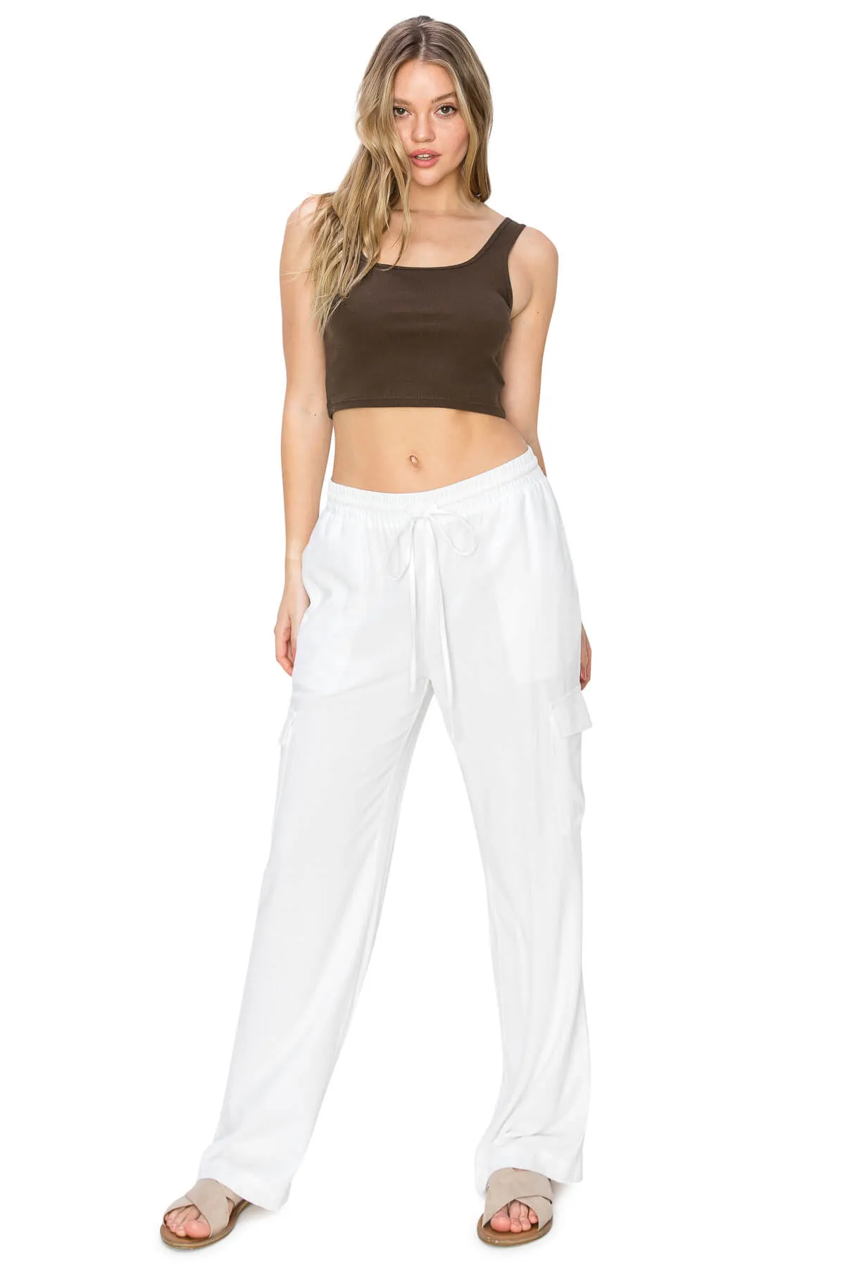 Linen Pull On Cargo Pants - White