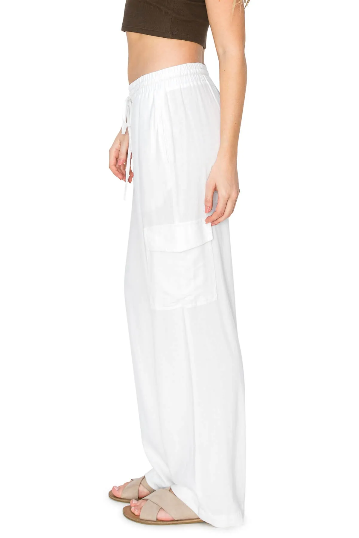 Linen Pull On Cargo Pants - White