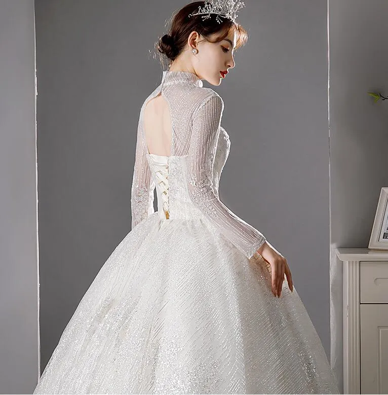 long sleeve dress Wedding dress 2022 new bride main yarn short long sleeve dress high collar show thin temperament neat style simple atmosphere