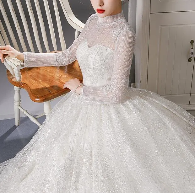 long sleeve dress Wedding dress 2022 new bride main yarn short long sleeve dress high collar show thin temperament neat style simple atmosphere