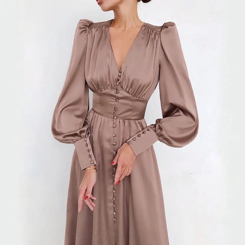 Long Sleeve Satin Lantern Sleeve Slim Waist Long Flare Midi Casual Dress