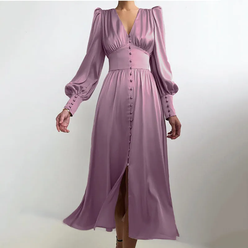 Long Sleeve Satin Lantern Sleeve Slim Waist Long Flare Midi Casual Dress