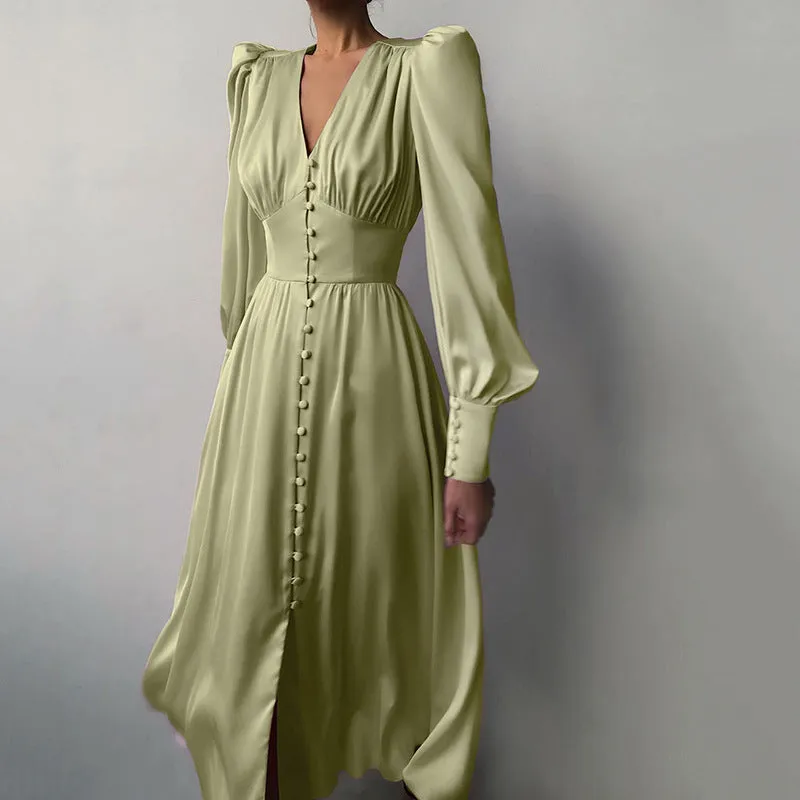 Long Sleeve Satin Lantern Sleeve Slim Waist Long Flare Midi Casual Dress