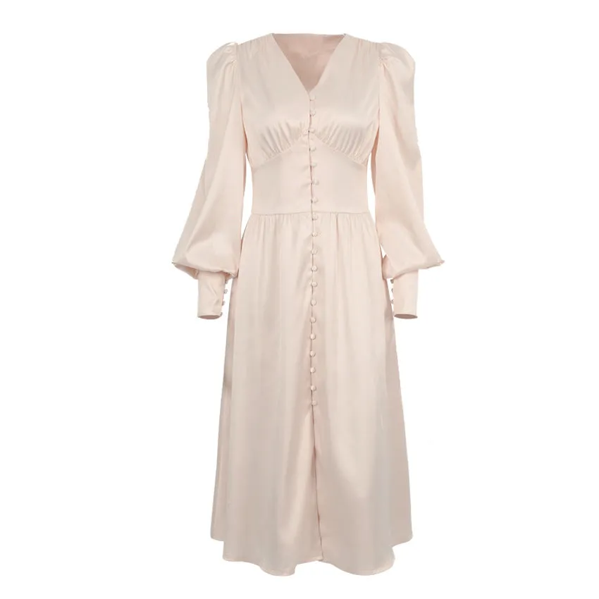 Long Sleeve Satin Lantern Sleeve Slim Waist Long Flare Midi Casual Dress