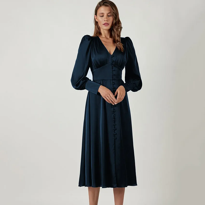Long Sleeve Satin Lantern Sleeve Slim Waist Long Flare Midi Casual Dress