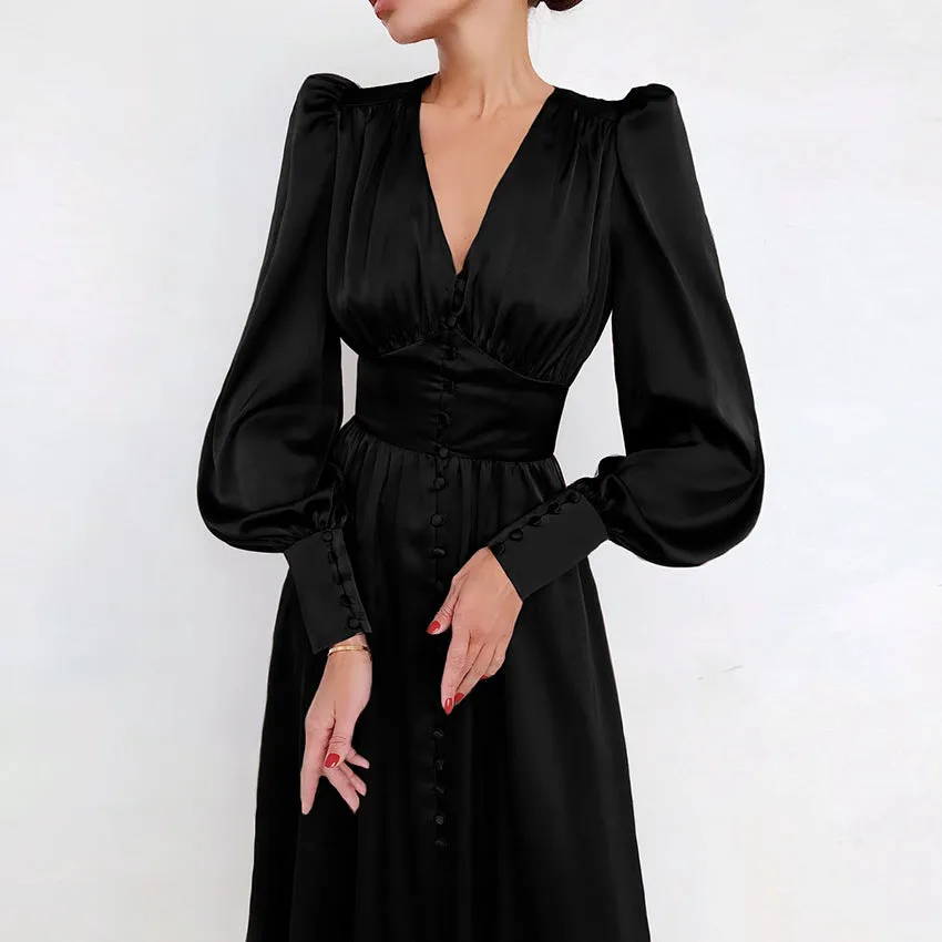 Long Sleeve Satin Lantern Sleeve Slim Waist Long Flare Midi Casual Dress