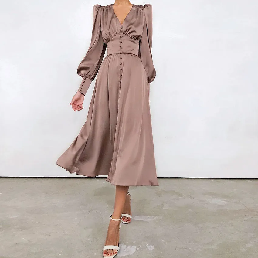 Long Sleeve Satin Lantern Sleeve Slim Waist Long Flare Midi Casual Dress