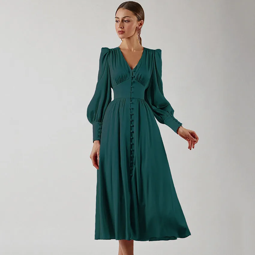 Long Sleeve Satin Lantern Sleeve Slim Waist Long Flare Midi Casual Dress