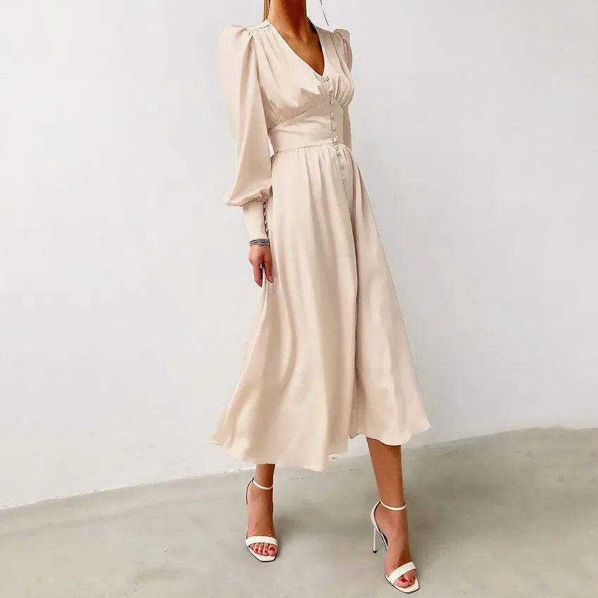 Long Sleeve Satin Lantern Sleeve Slim Waist Long Flare Midi Casual Dress