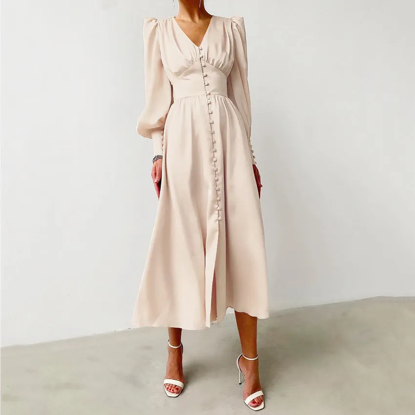 Long Sleeve Satin Lantern Sleeve Slim Waist Long Flare Midi Casual Dress