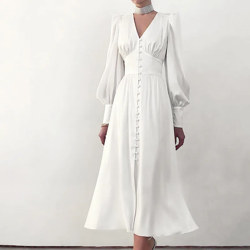 Long Sleeve Satin Lantern Sleeve Slim Waist Long Flare Midi Casual Dress