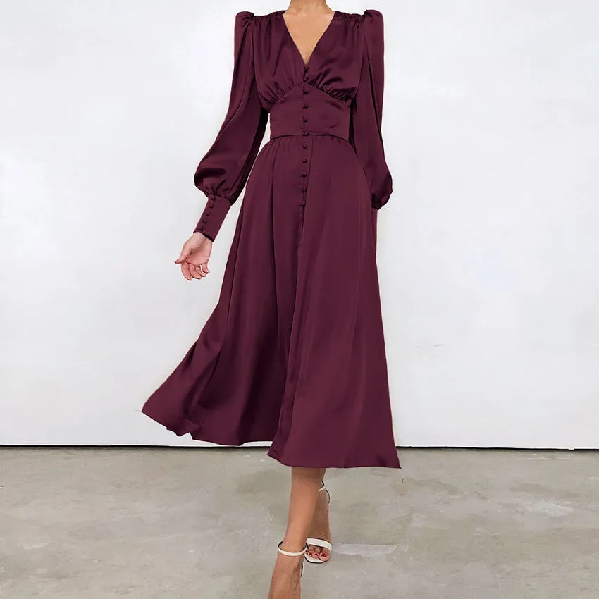 Long Sleeve Satin Lantern Sleeve Slim Waist Long Flare Midi Casual Dress