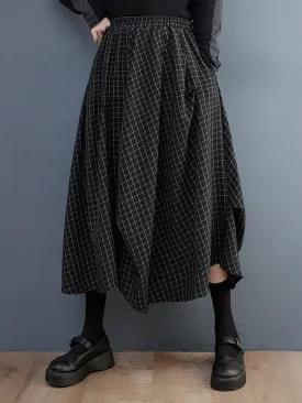 Loose Irregular Clipping Plaid Asymmetric Elasticity Skirts Bottoms