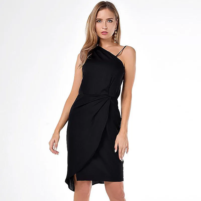 Manufacturer In-stock Womens Sexy Trendy One Shoulder Spaghetti Overlay Wrap Pleated Sheath Dress