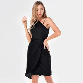 Manufacturer In-stock Womens Sexy Trendy One Shoulder Spaghetti Overlay Wrap Pleated Sheath Dress