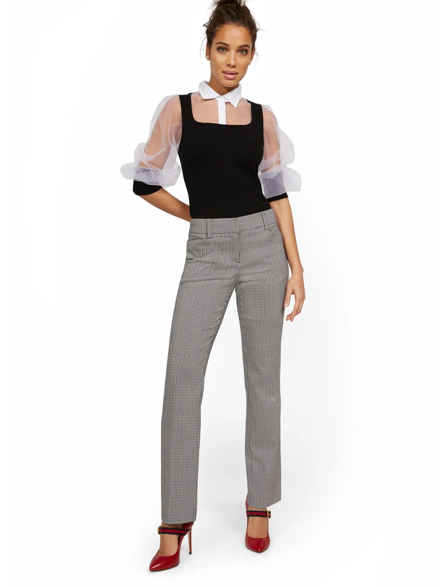 Mid-Rise Straight-Leg Check Pant