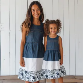 Mother and Daughter Matching Blue Denim Patchwork White Floral Print Dresses