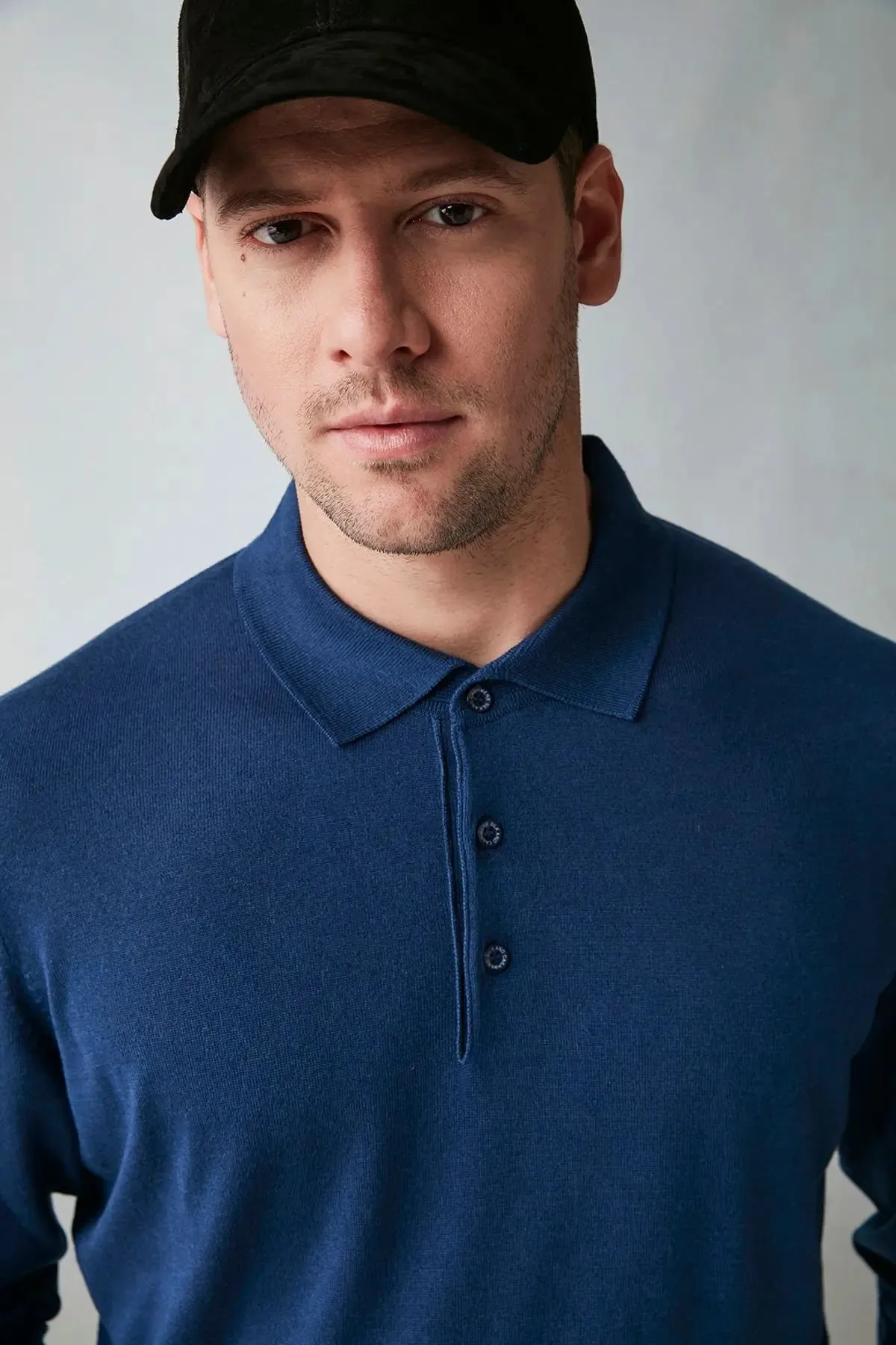 Navy Blue Silk and Cashmere Polo Neck Utku Men's Knitwear