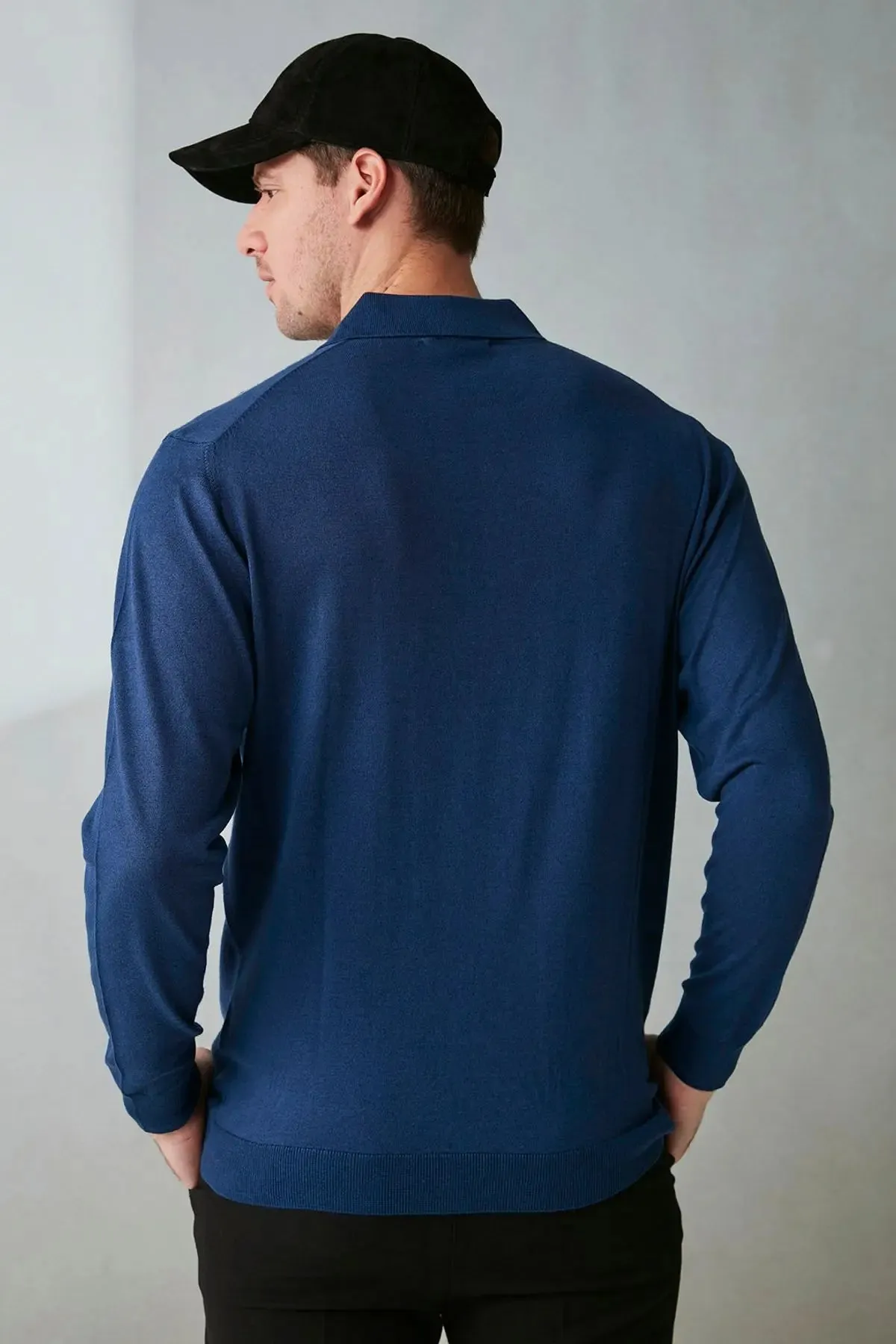 Navy Blue Silk and Cashmere Polo Neck Utku Men's Knitwear