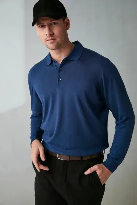 Navy Blue Silk and Cashmere Polo Neck Utku Men's Knitwear