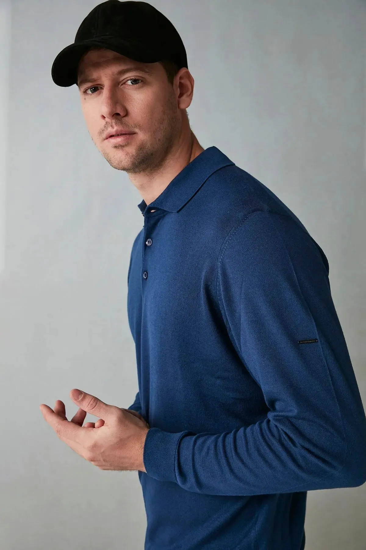 Navy Blue Silk and Cashmere Polo Neck Utku Men's Knitwear