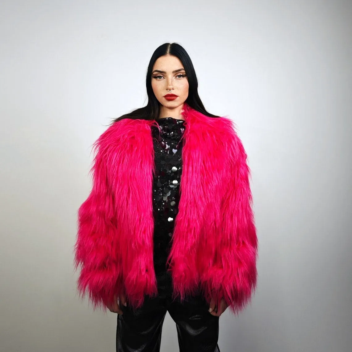 Neon faux fur coat shaggy cropped trench festival short jacket fuzzy overcoat carnival bomber florescent peacoat multifunctional rave fleece