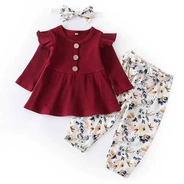 Newborn Baby Girl Clothes Set Solid Knitting Long Sleeve Tops Floral Print Pants Headband 3Pcs Outfits Casual Infant Clothing