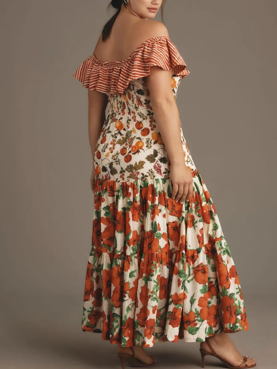 Off-the-Shoulder Mixed-Print Midi Dress