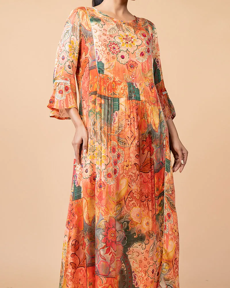 Orange Floral Print Midi Dress