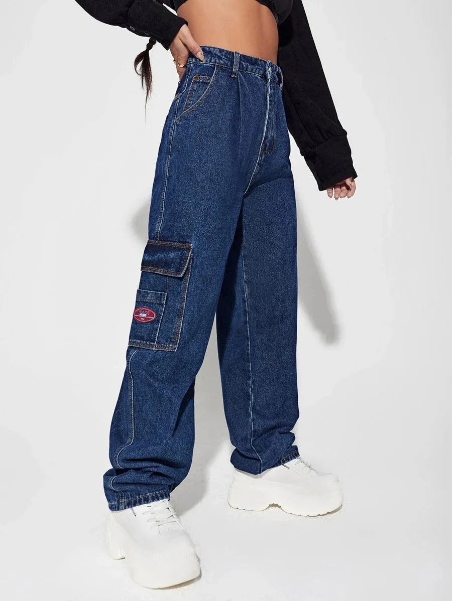 Patched Detail Pocket Wide Leg Jeans