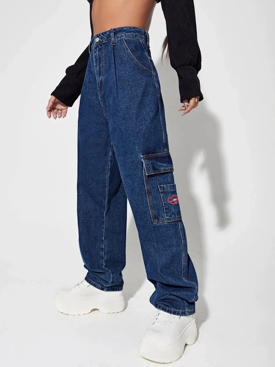 Patched Detail Pocket Wide Leg Jeans