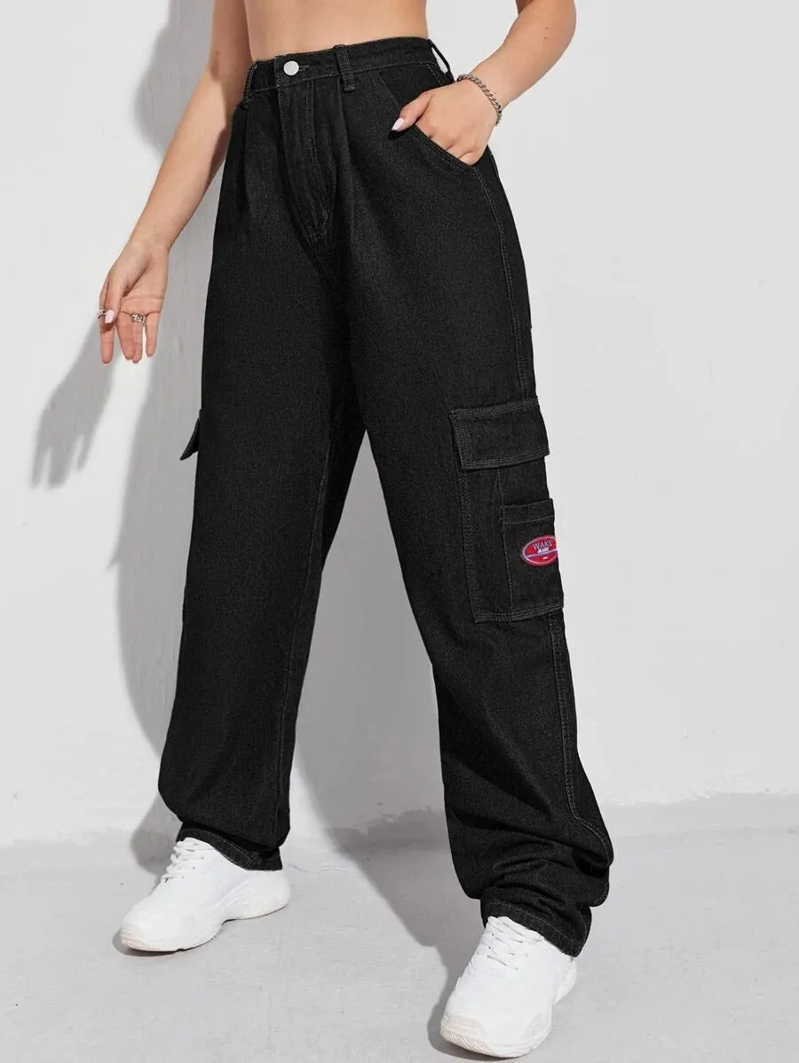 Patched Detail Pocket Wide Leg Jeans