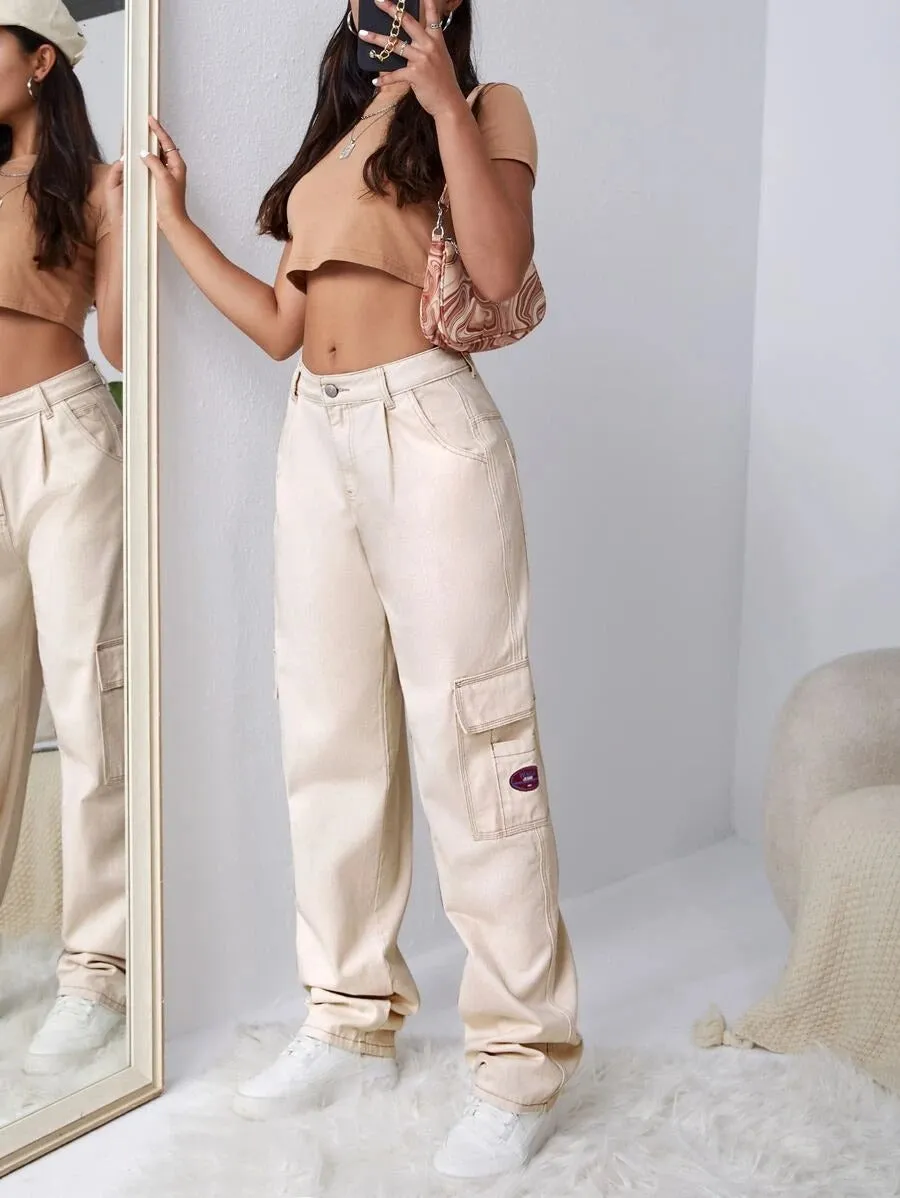 Patched Detail Pocket Wide Leg Jeans