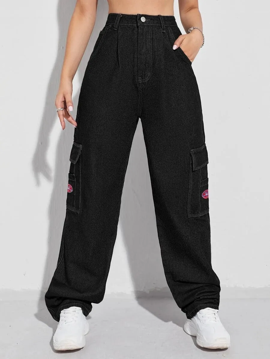 Patched Detail Pocket Wide Leg Jeans