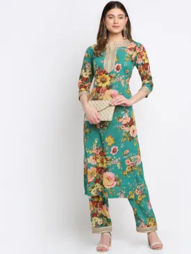 Peacock Green Floral Kurti with Straight Palazzo Co-ord Set