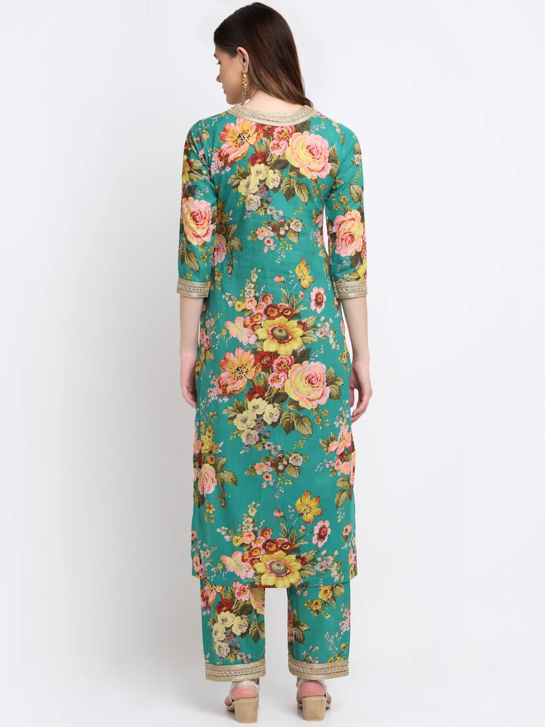 Peacock Green Floral Kurti with Straight Palazzo Co-ord Set