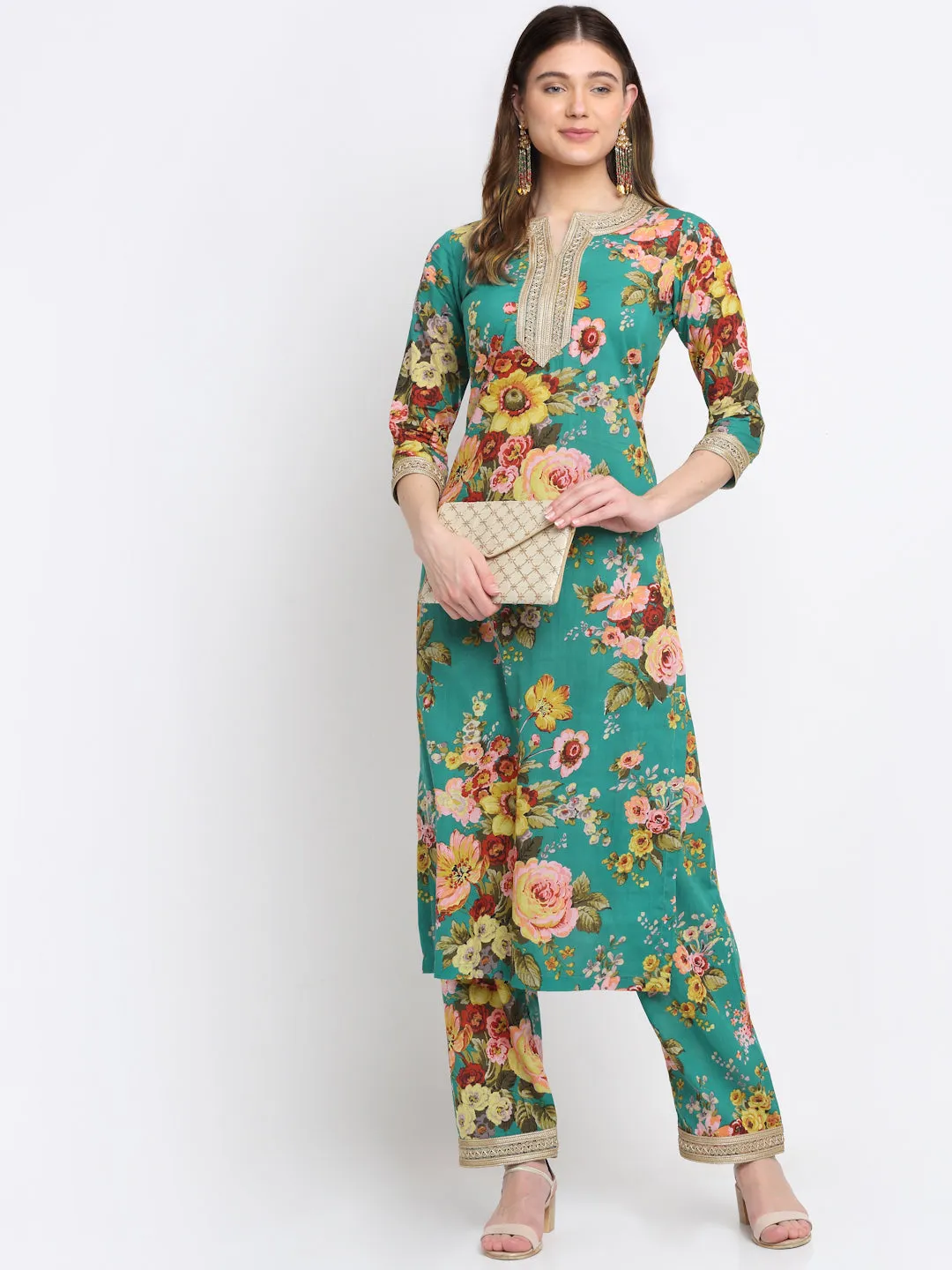 Peacock Green Floral Kurti with Straight Palazzo Co-ord Set