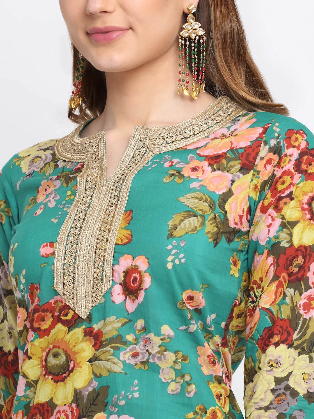 Peacock Green Floral Kurti with Straight Palazzo Co-ord Set