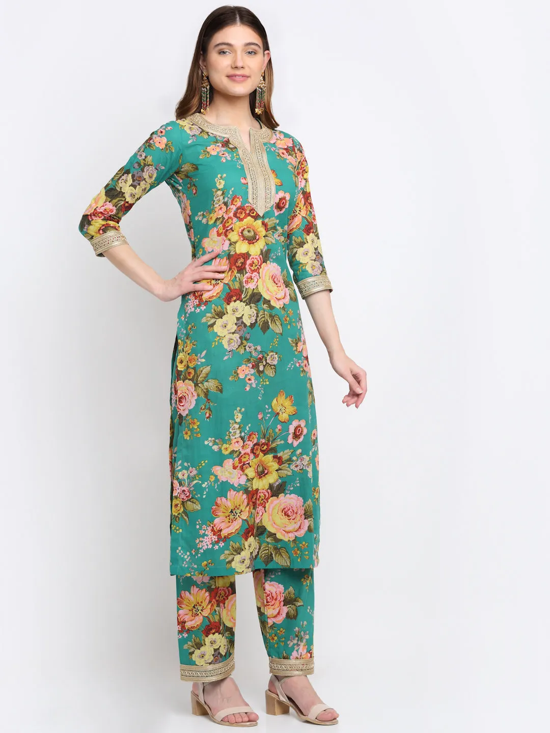 Peacock Green Floral Kurti with Straight Palazzo Co-ord Set