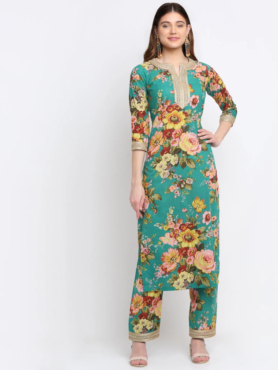 Peacock Green Floral Kurti with Straight Palazzo Co-ord Set