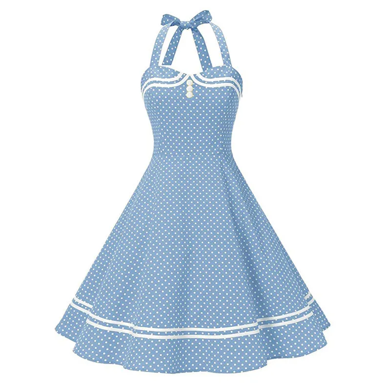 Performance Dress 50S Marine Vintage Cotton Backless Polka Dot Tie Halter Neck Flare Dress