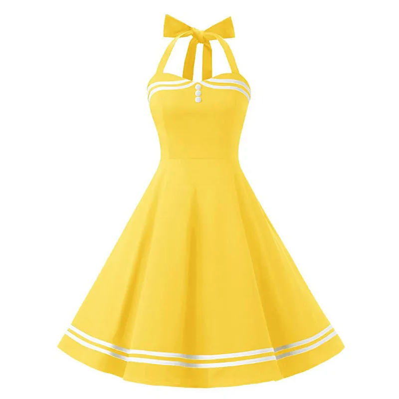 Performance Dress 50S Marine Vintage Cotton Backless Polka Dot Tie Halter Neck Flare Dress
