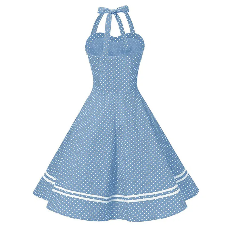 Performance Dress 50S Marine Vintage Cotton Backless Polka Dot Tie Halter Neck Flare Dress