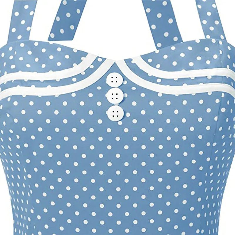 Performance Dress 50S Marine Vintage Cotton Backless Polka Dot Tie Halter Neck Flare Dress