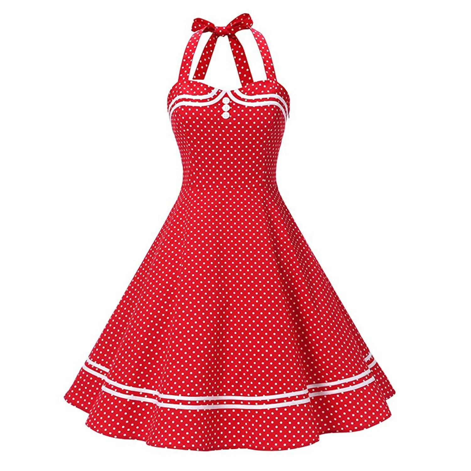 Performance Dress 50S Marine Vintage Cotton Backless Polka Dot Tie Halter Neck Flare Dress