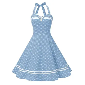 Performance Dress 50S Marine Vintage Cotton Backless Polka Dot Tie Halter Neck Flare Dress