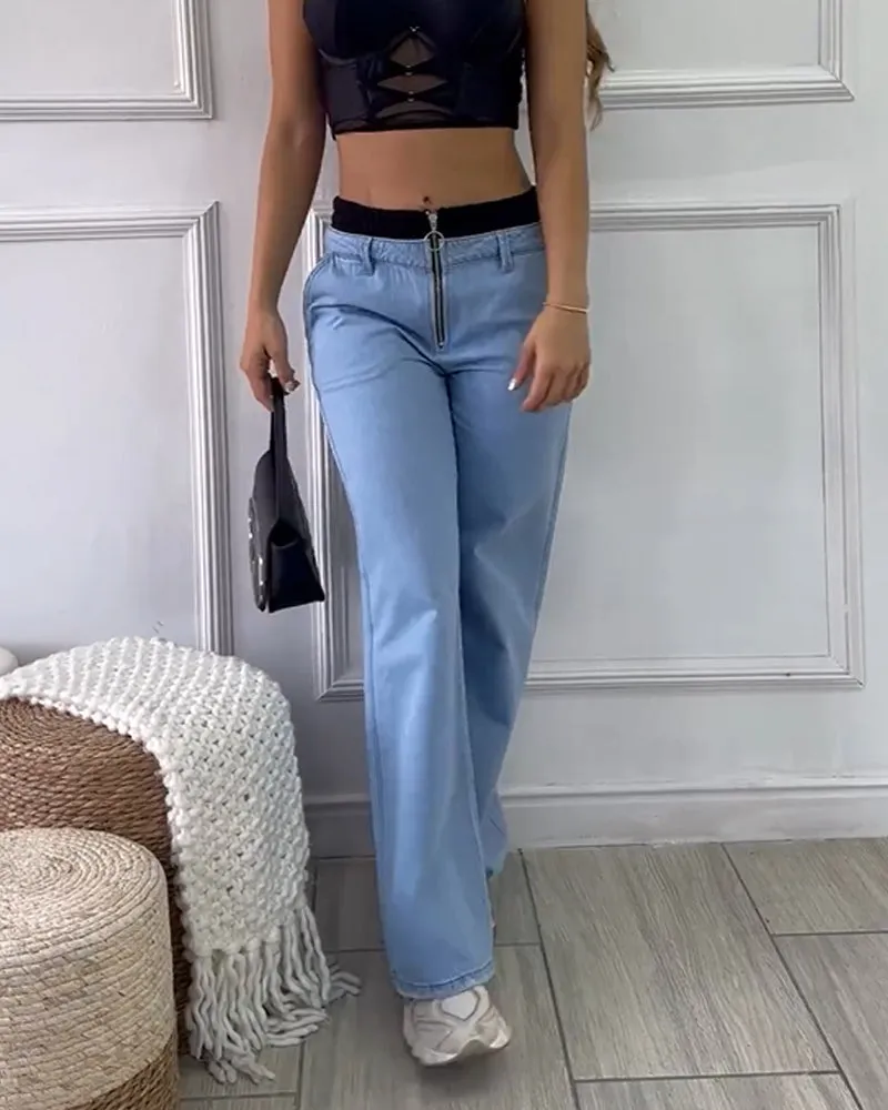 Personalized Fake Double-Layer Elastic Waist Zipper Loose Casual Jeans
